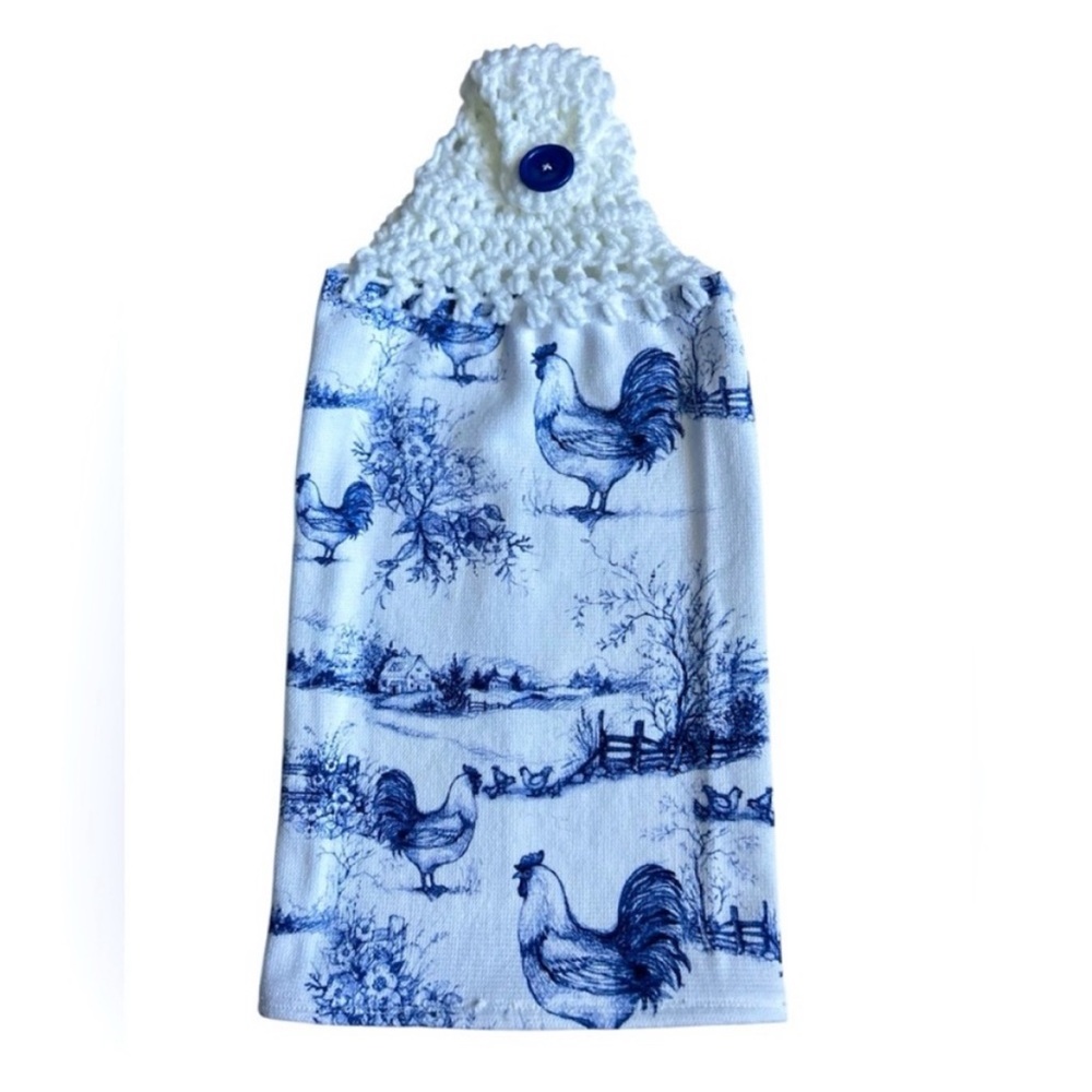 Hand Crafted Farmhouse Blue and White Hanging Rooster Kitchen Hand Towel